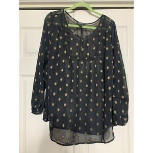 Lucky Brand Whimsical Black Sheer Flowy Top With Gold Accents Boho Whimsygoth 2X